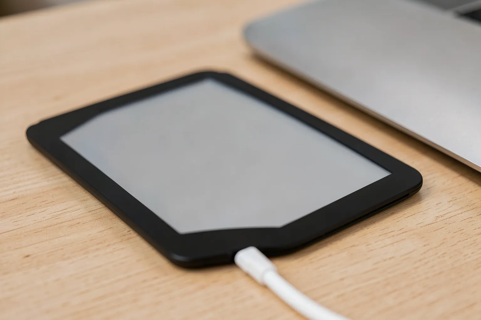Lector de libros electrónicos negro conectado con un cable USB-C blanco a un portátil plateado
