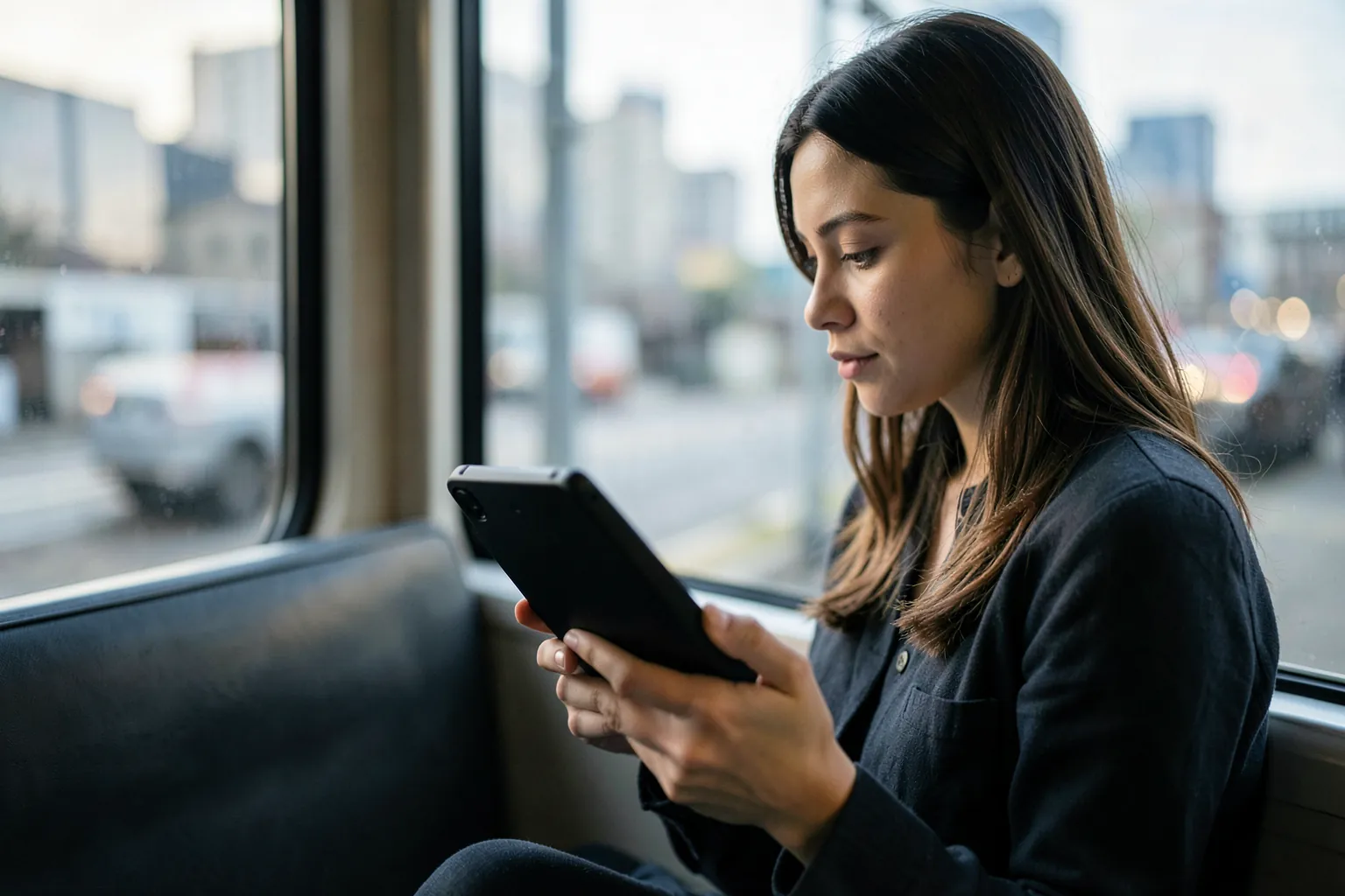 Mujer joven leyendo un lector de libros electrónicos negro en un tren junto a la ventana