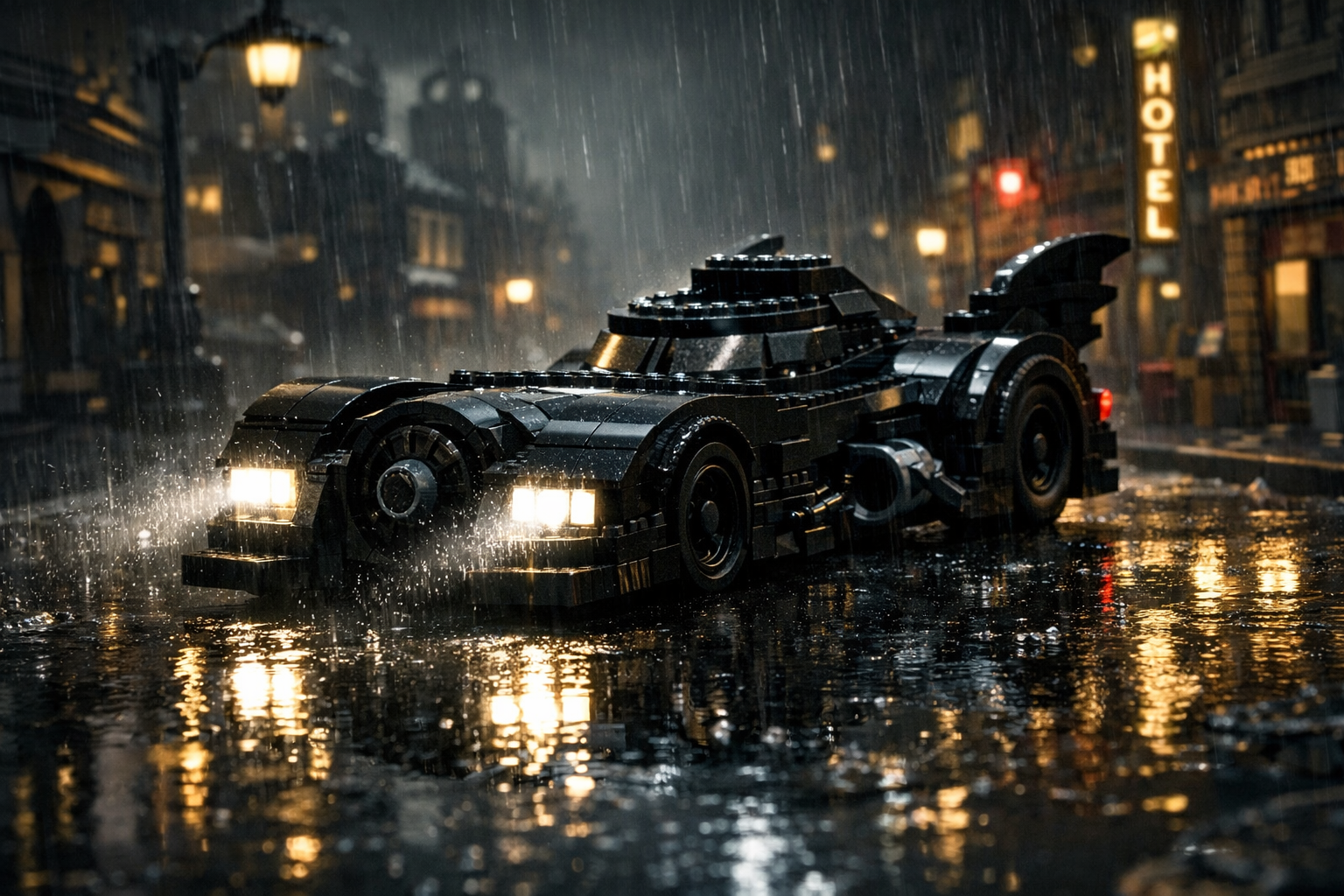Batmóvil exclusivo de la Deluxe Edition de LEGO Batman aparcado frente a la Batcueva