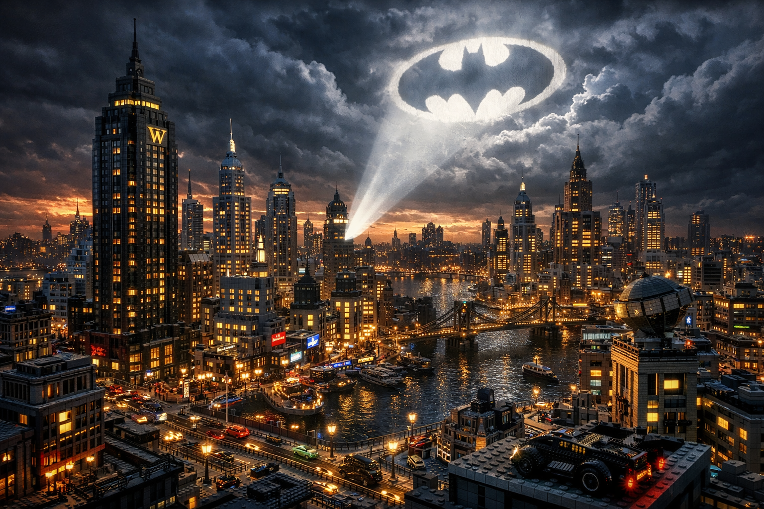 Gotham City recreada en LEGO con rascacielos iluminados, gárgolas y la Batseñal en el cielo nocturno