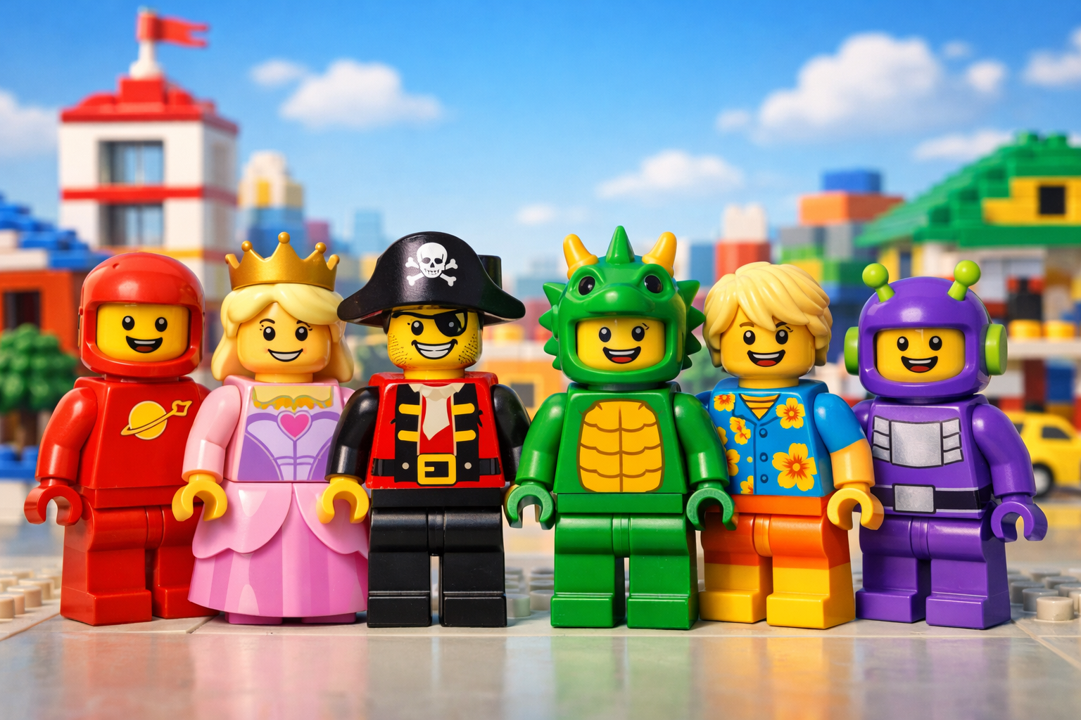 Los siete personajes jugables de LEGO Batman: Batman, Jim Gordon, Catwoman, Robin, Batgirl, Nightwing y Talia al Ghul posando en la Batcueva