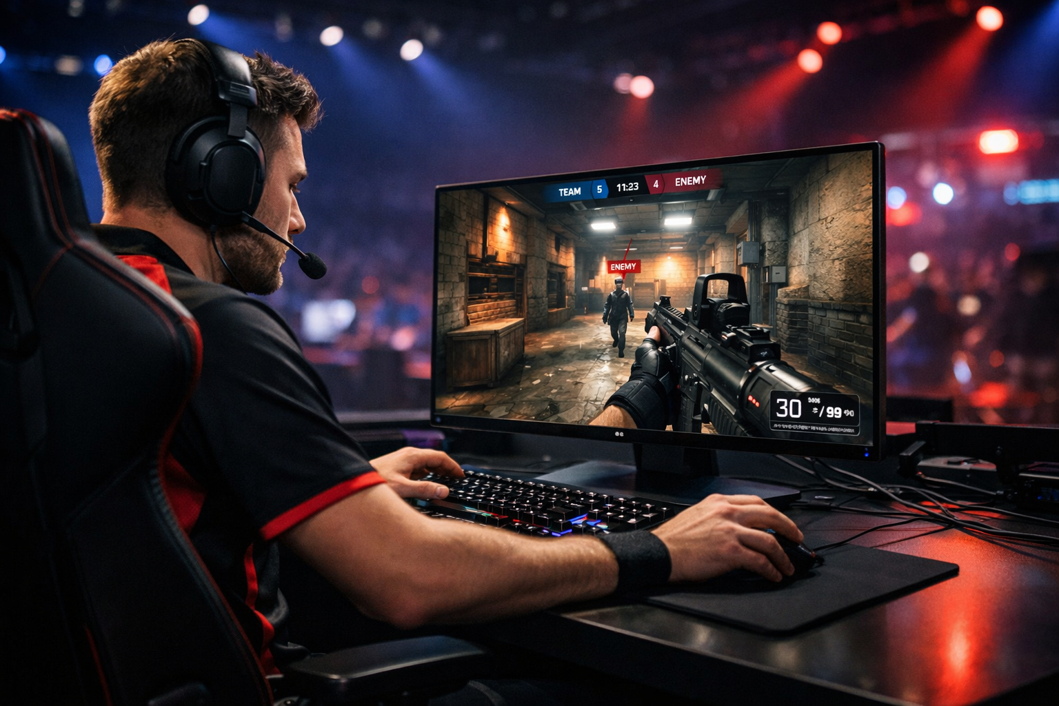 Setup gaming competitivo con el LG UltraGear OLED 27GX790B en un torneo de esports
