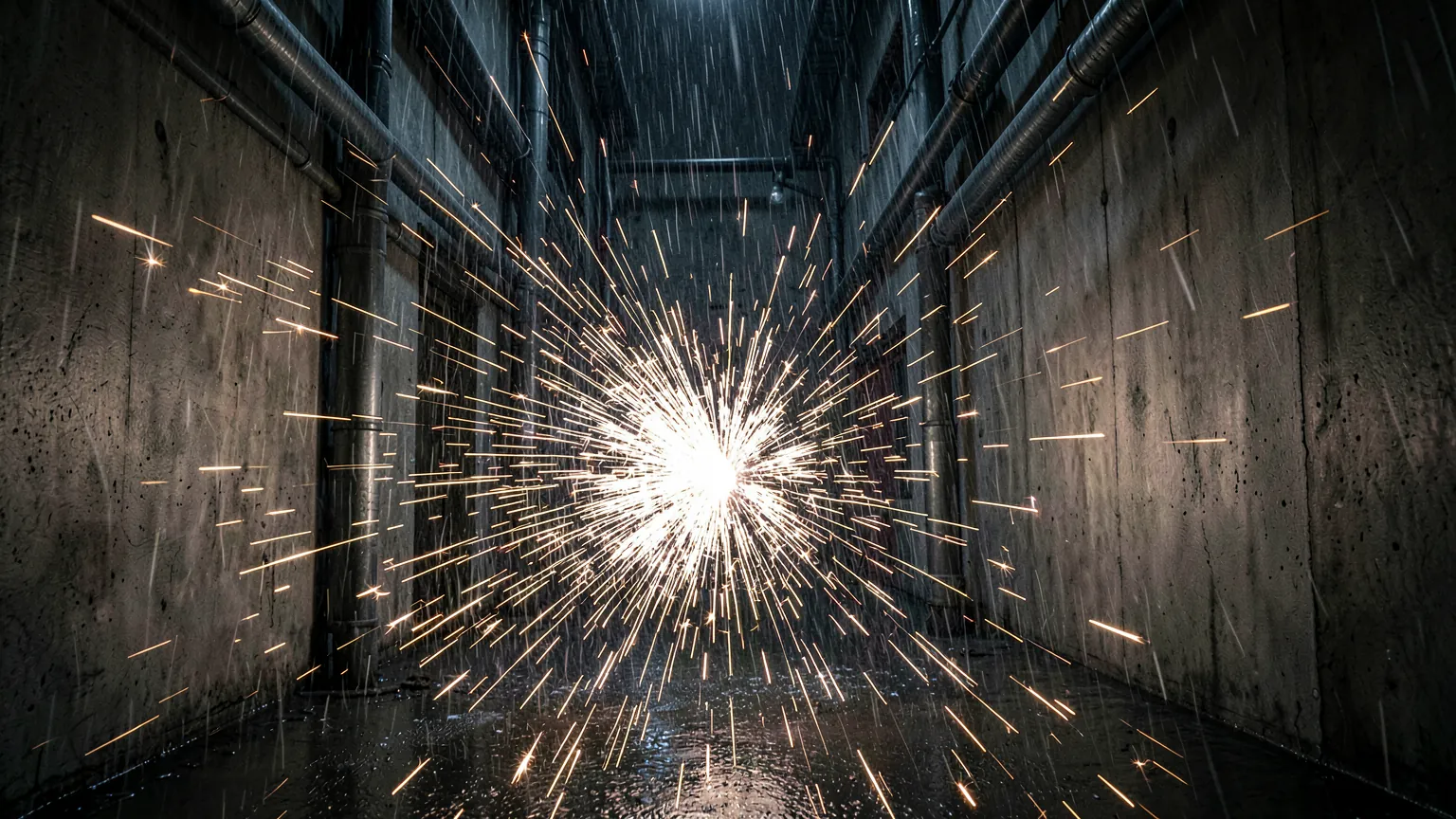 Escena cinematografica de accion nocturna con chispas metalicas y lluvia bajo luces de neon
