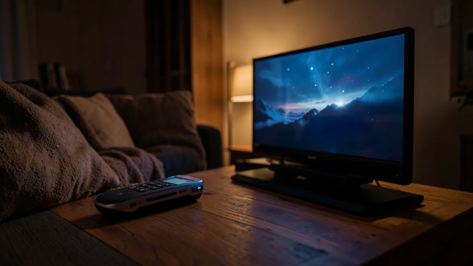 Consola de videojuegos moderna junto a un televisor encendido en un salon con luz tenue