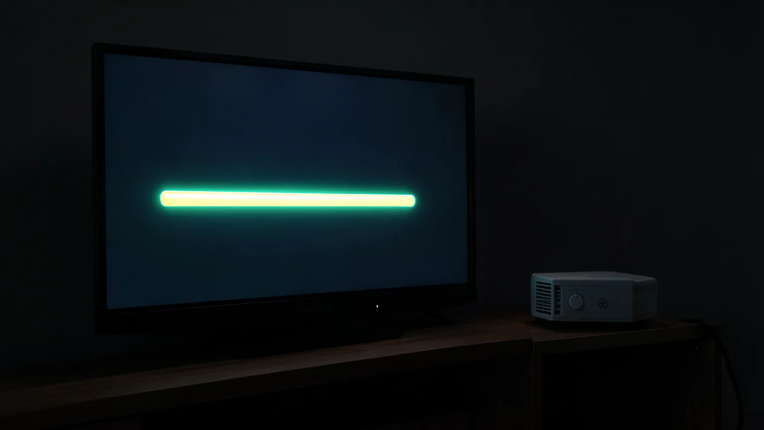 Barra de progreso luminosa en una pantalla de television en un salon a oscuras con un router al lado