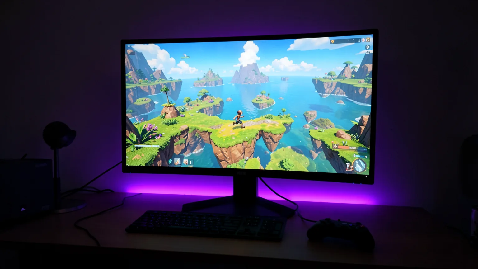 Monitor de 27 pulgadas mostrando un juego de plataformas colorido con islas flotantes, con una tira LED violeta detrás del escritorio y un mando inalámbrico delante