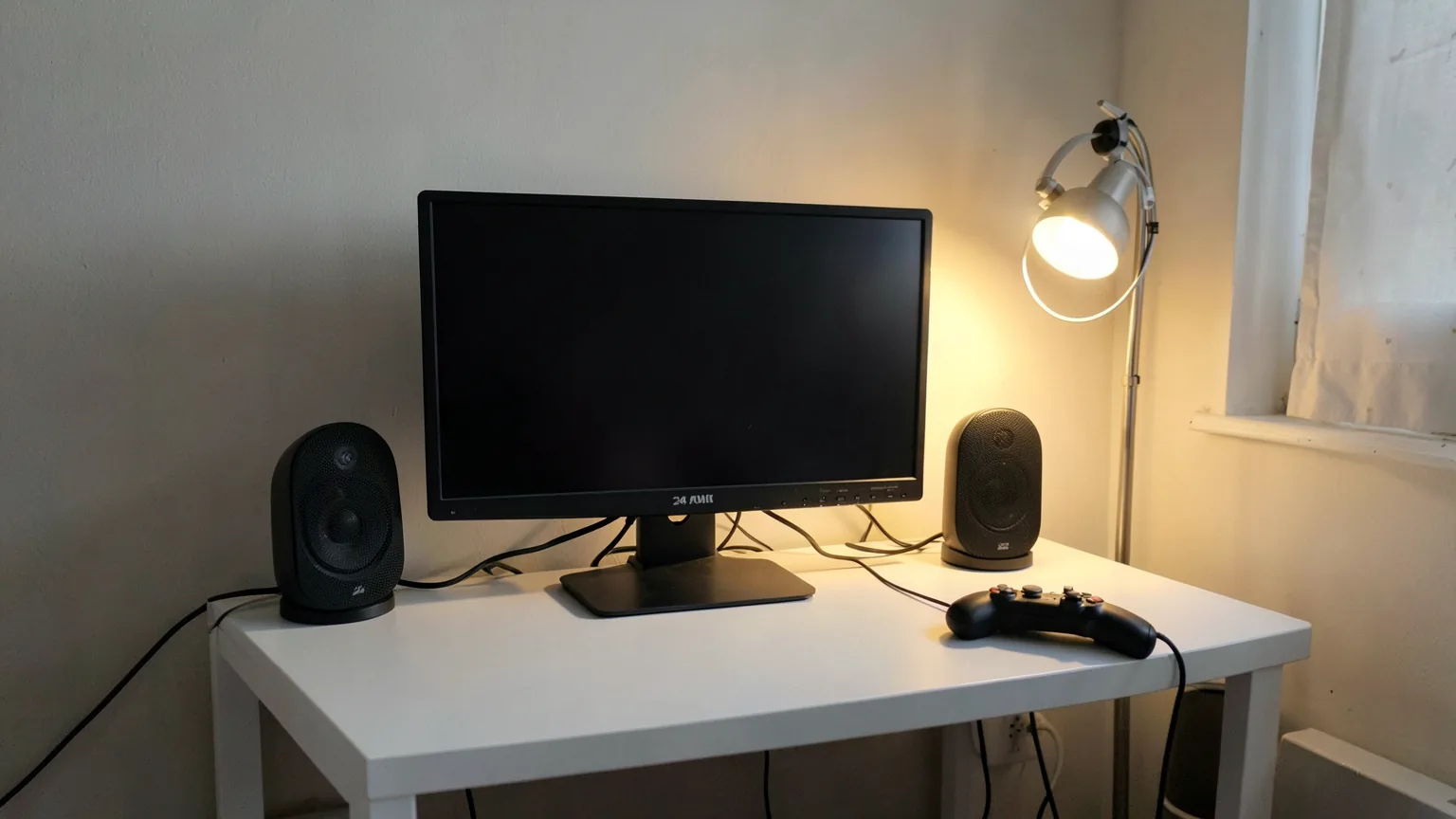Monitor de 24 pulgadas sobre un escritorio blanco pequeño con dos altavoces de sobremesa a los lados, un mando de consola y una lámpara encendida