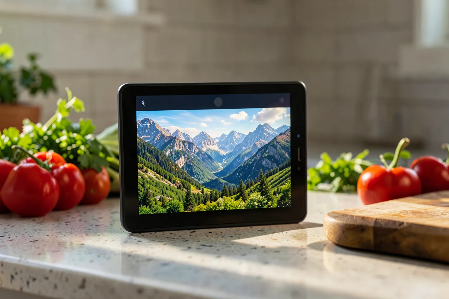 Pequeña pantalla inteligente sobre la encimera de una cocina mostrando una foto de un paisaje de montaña, con verduras frescas y una tabla de cortar
