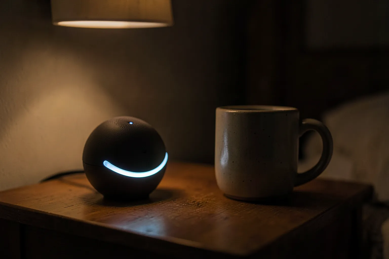 Pequeño altavoz inteligente esférico con un anillo de luz suave sobre una mesita de noche junto a una taza y una lámpara