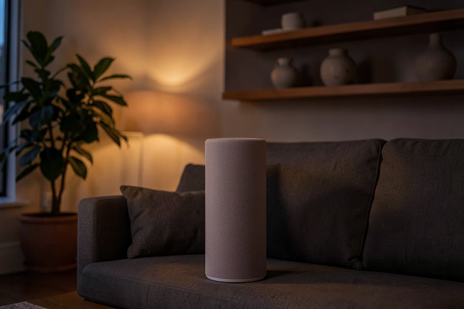 Altavoz inalámbrico alto recubierto de tela sobre un sofá en un salón elegante al anochecer, con lámparas cálidas y jarrones en las estanterías