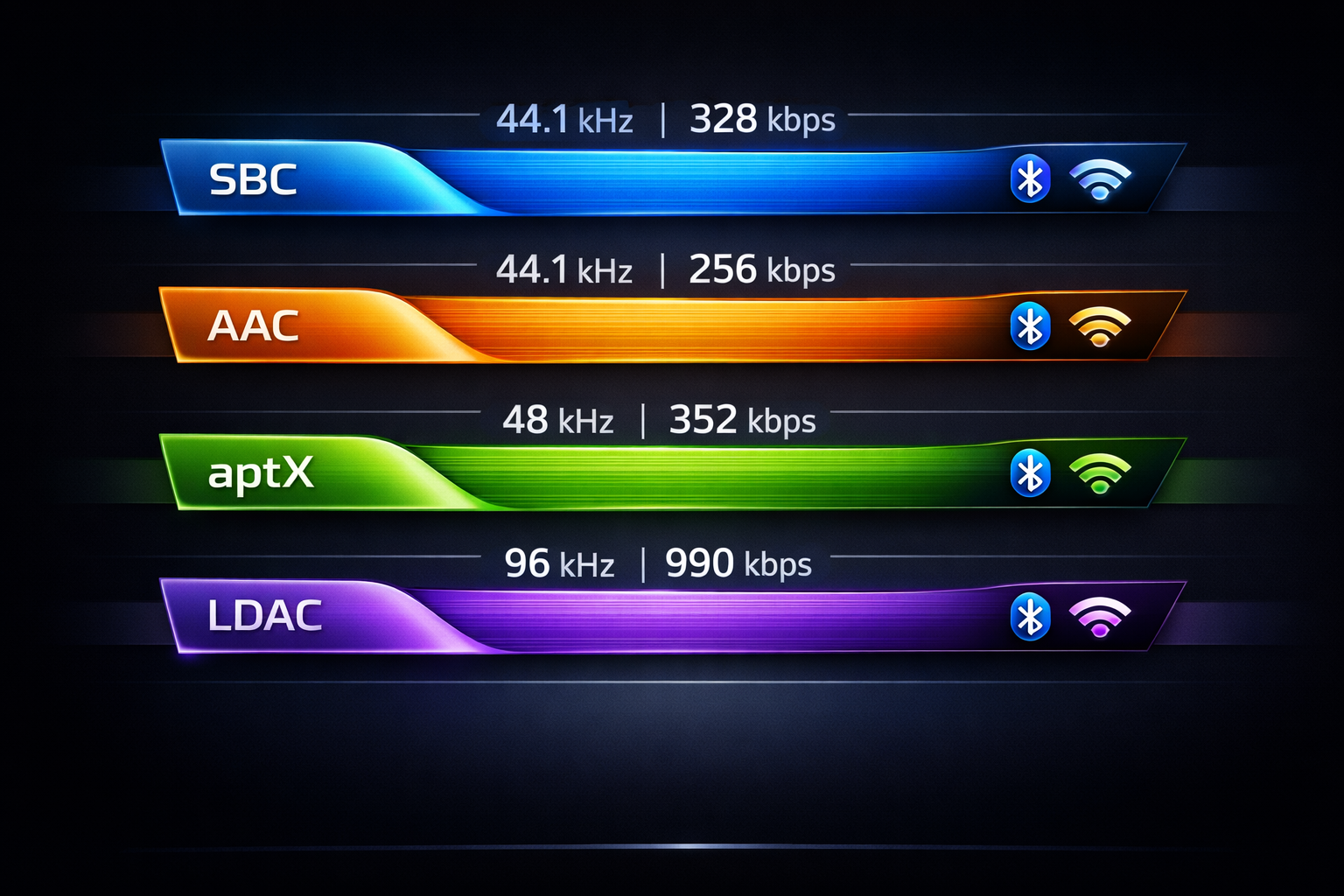 Comparativa visual de códecs Bluetooth LDAC, aptX Lossless, AAC y USB-C ALAC