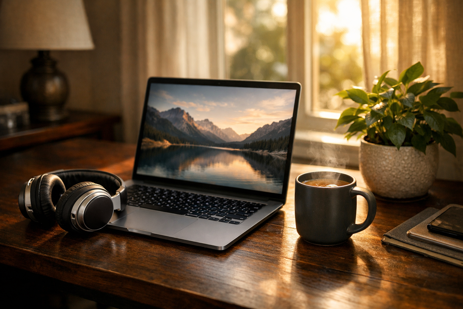 Setup de escritorio con MacBook Pro, iPad Air, monitor OLED y auriculares con cancelación de ruido