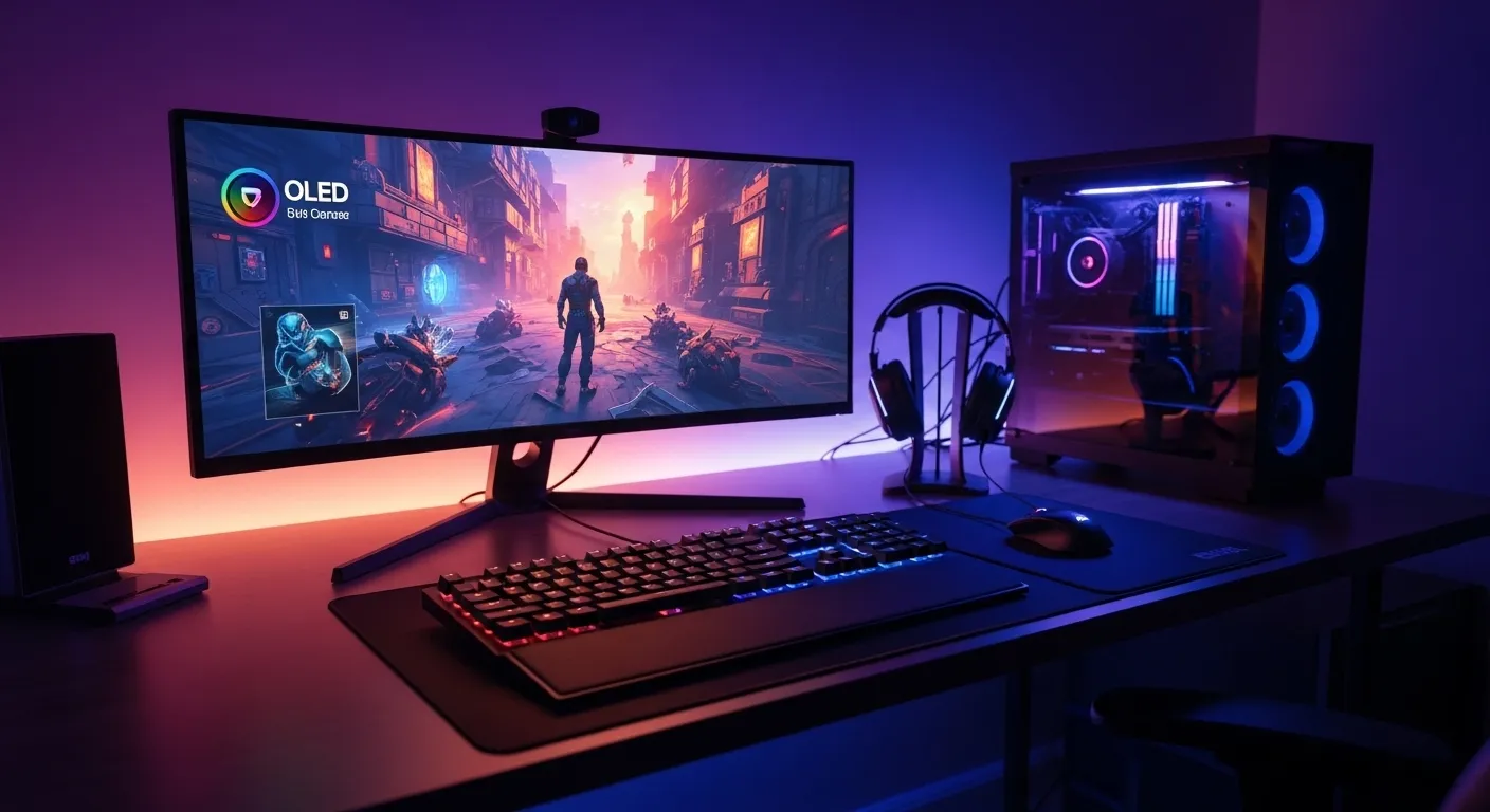Setup gaming completo con auriculares, teclado mecánico y monitor OLED
