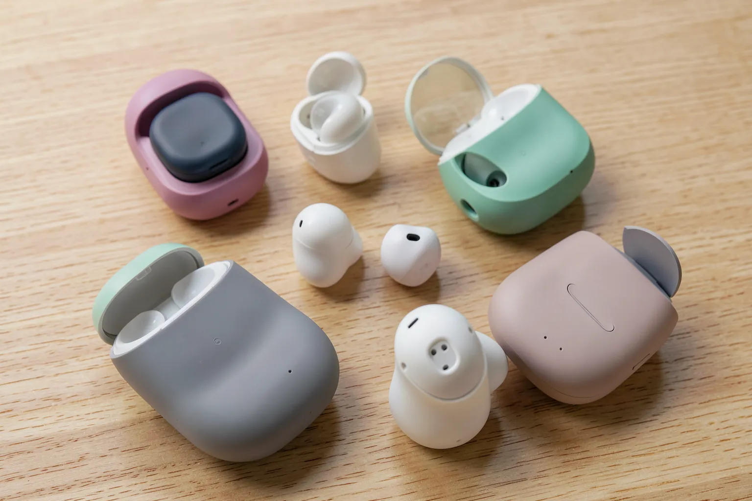 Varios estuches de carga de auriculares inalámbricos sin marcas de distintos colores abiertos sobre una mesa de madera clara
