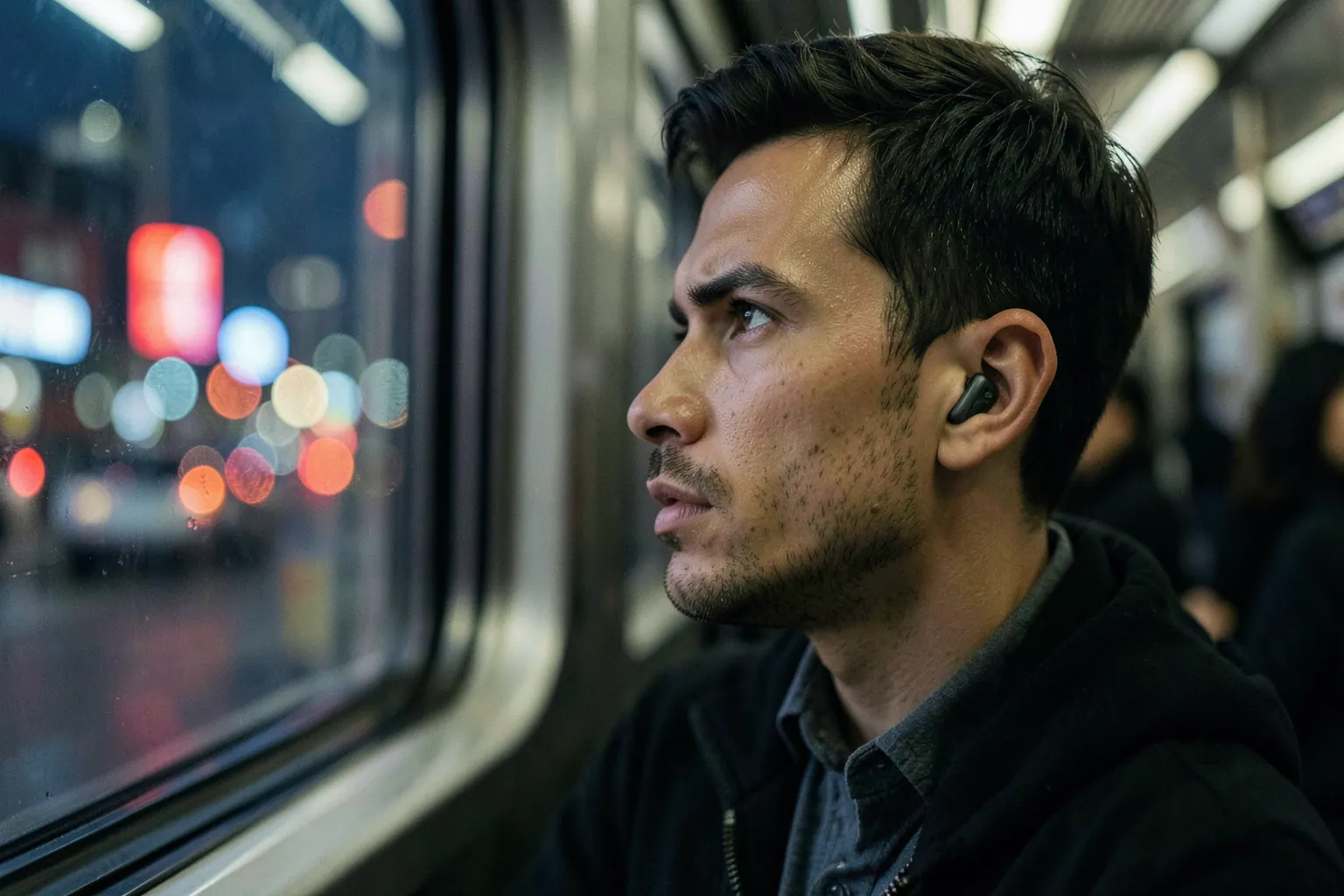 Persona con auriculares de botón inalámbricos sentada en un vagón de metro mirando por la ventana con luz de ciudad desenfocada