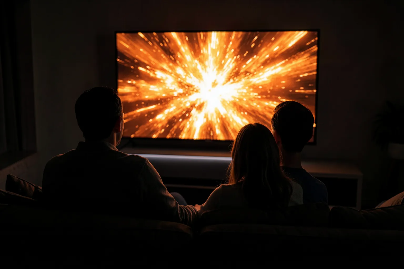 Pareja de espaldas en un sofá viendo una película en una tele grande con una barra de sonido debajo en un salón a oscuras