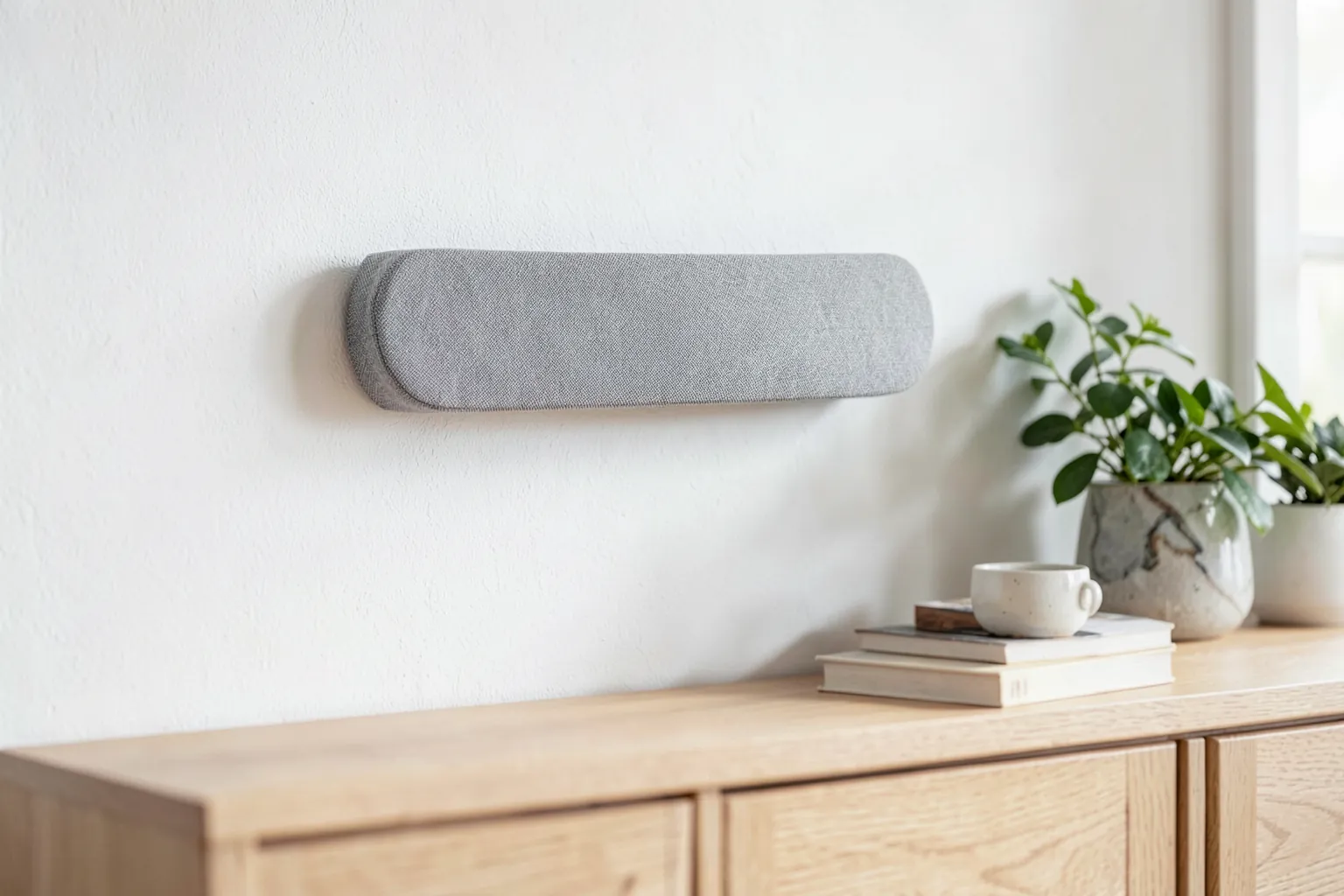 Barra de sonido gris y fina colgada en una pared blanca sobre un aparador de madera con plantas