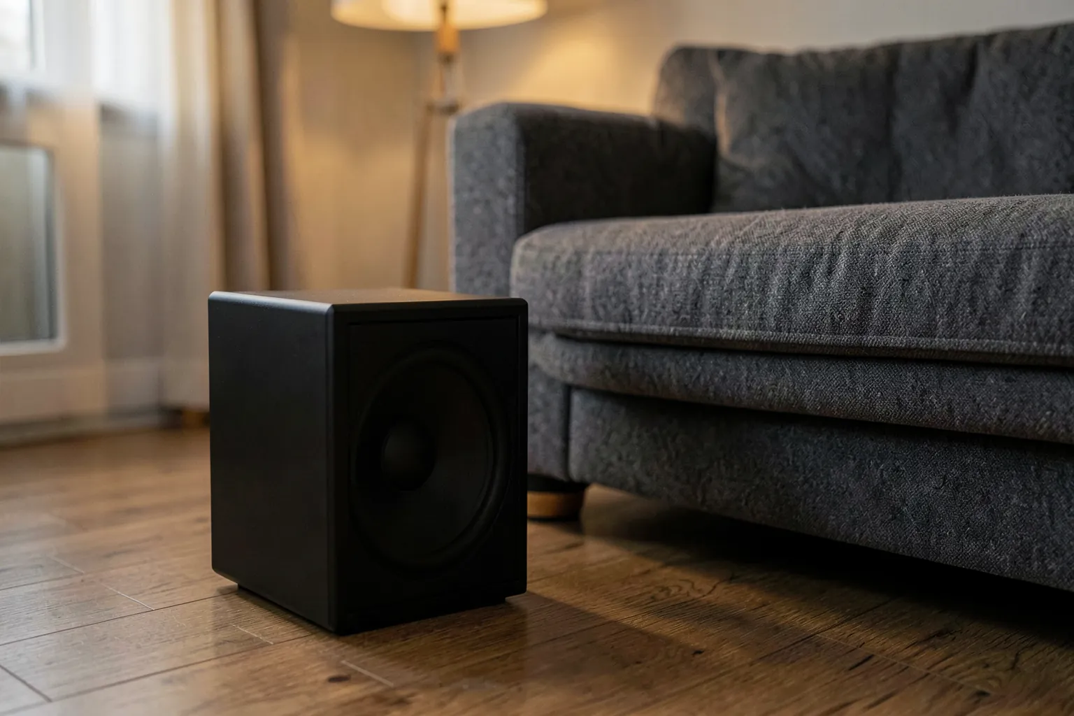 Subwoofer negro en forma de cubo sobre el suelo de madera junto a un sofá gris en un salón