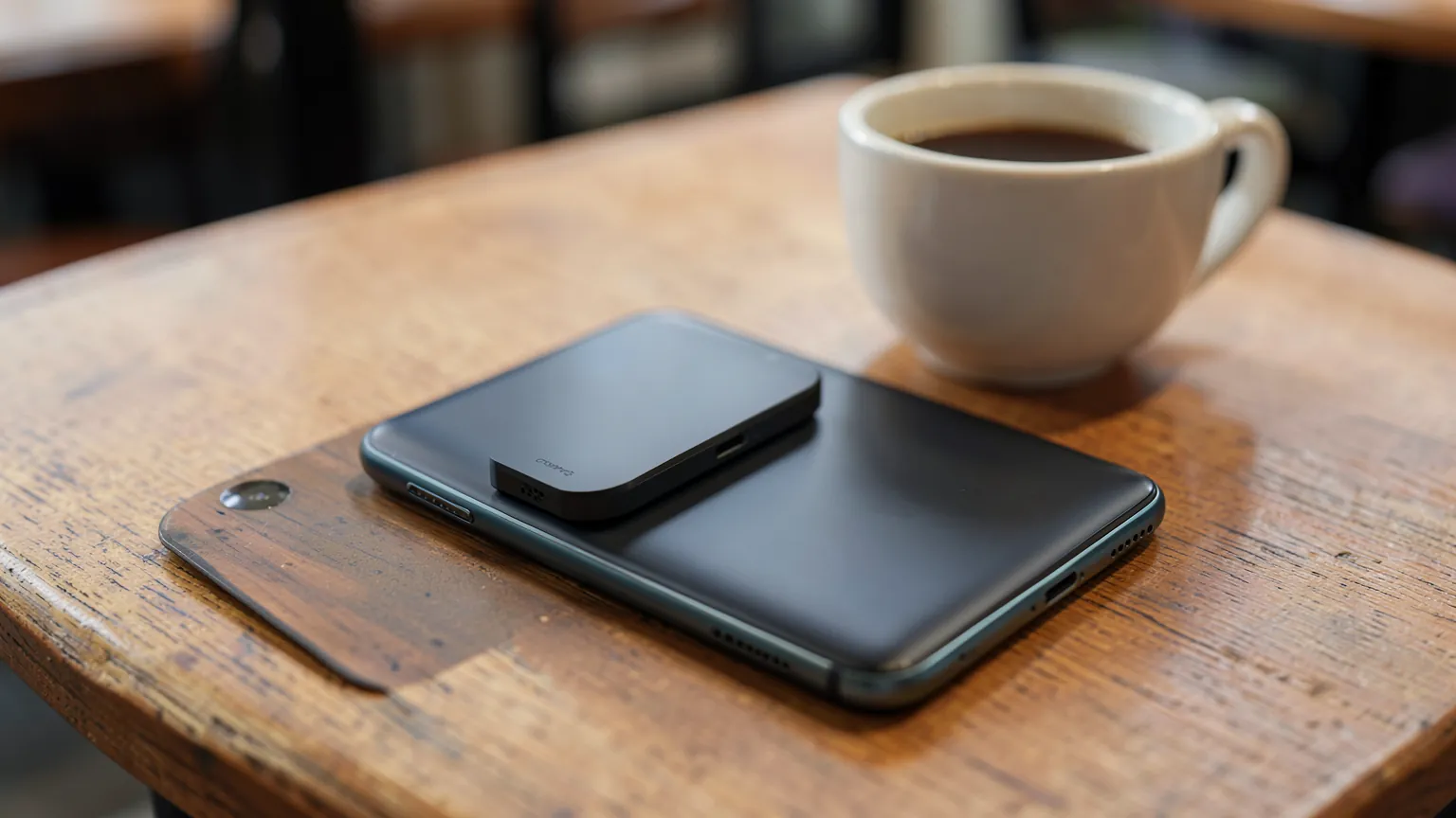 Móvil con una batería externa magnética fina pegada a la parte trasera, apoyado sobre una mesa de café junto a una taza