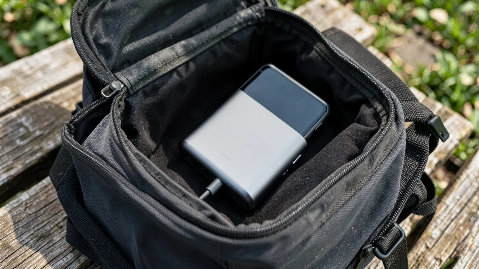 Batería externa compacta conectada a un móvil por un cable USB-C dentro de una mochila abierta sobre un banco de madera