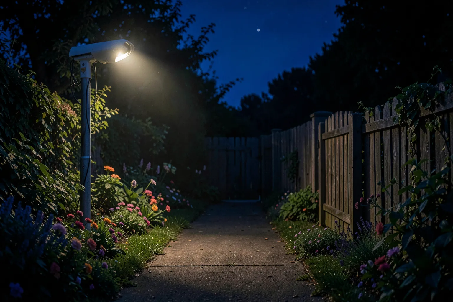 Camino de jardín de noche iluminado por un foco, con plantas y una puerta de madera bajo una luz azulada