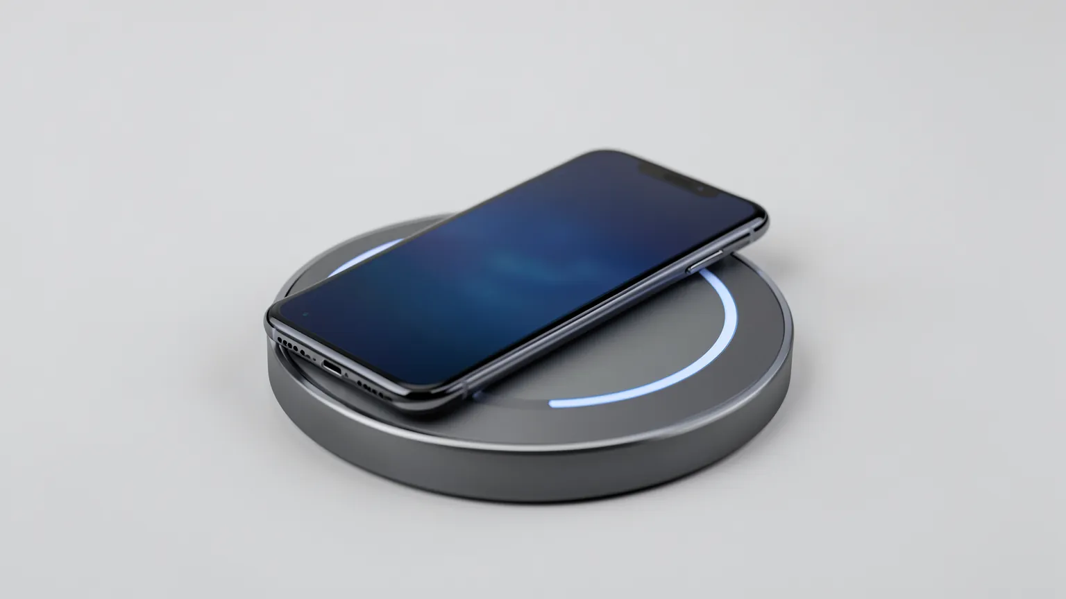 Telefono apoyado sobre una base de carga inalambrica magnetica con luz suave de estudio