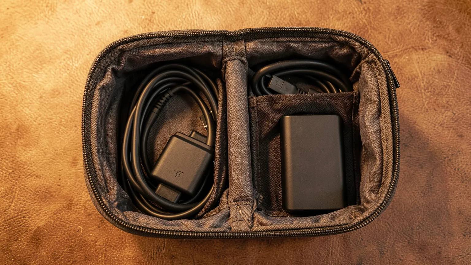 Organizador de viaje abierto con cargador compacto cables enrollados y bateria externa