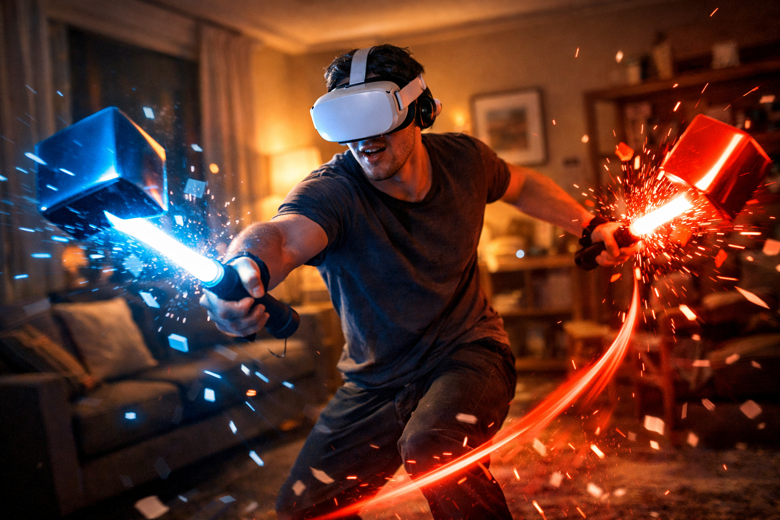 Jugador inmerso en experiencia de realidad virtual con luz ambiental cálida y postura de combate