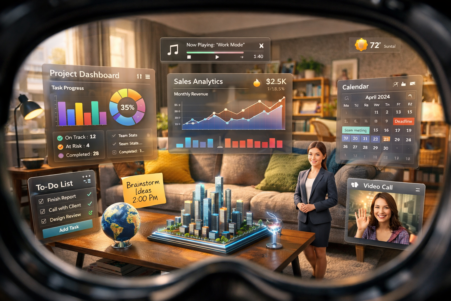 Vista de realidad mixta con elementos digitales flotando sobre mesa real de salón