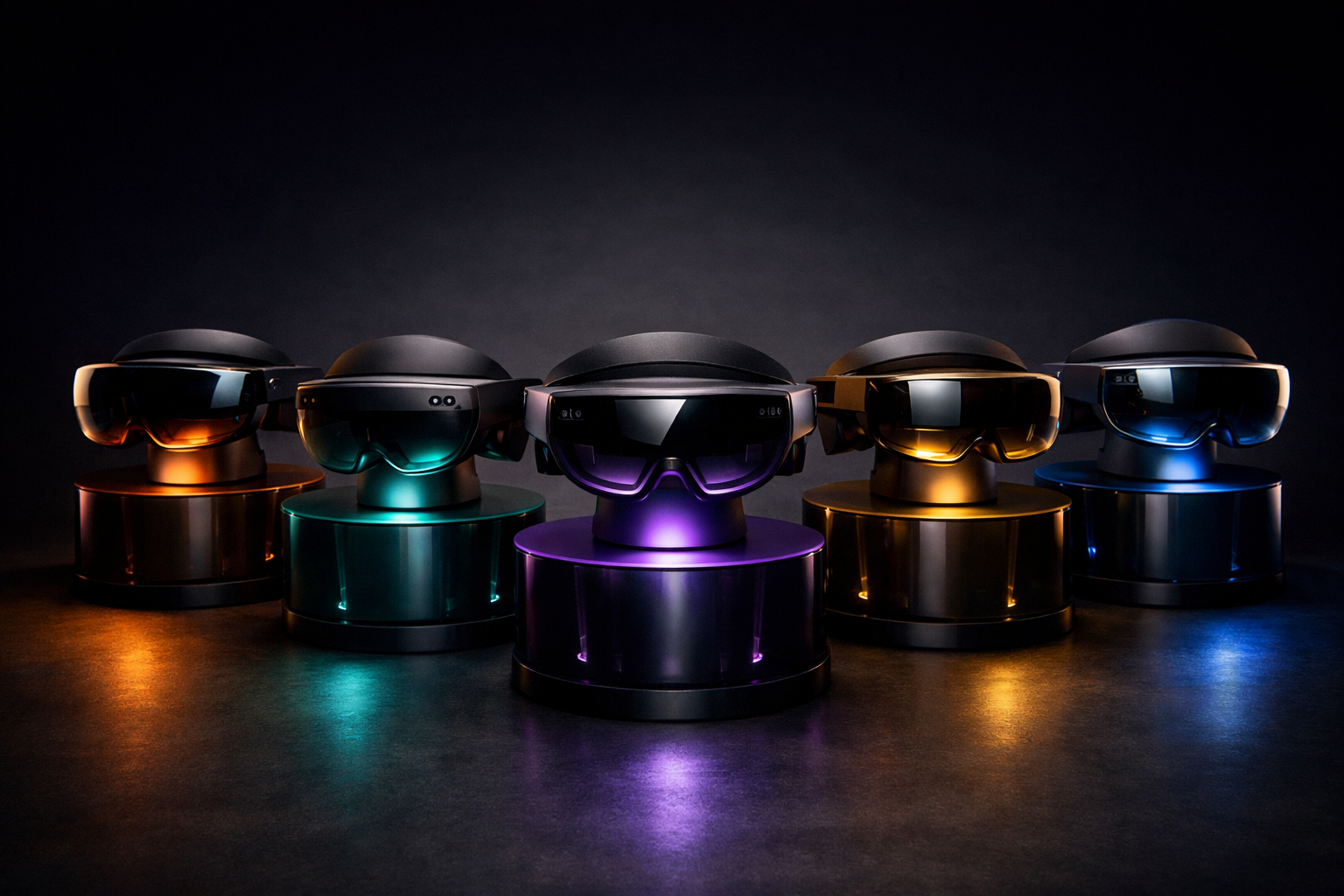 Colección de cascos de realidad virtual y mixta de 2026 con iluminación cinematográfica sobre superficie oscura