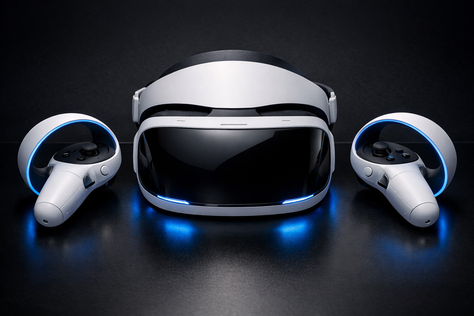 Casco de realidad virtual conectado a consola PS5 con luz azul ambiental y detalle de mandos Sense