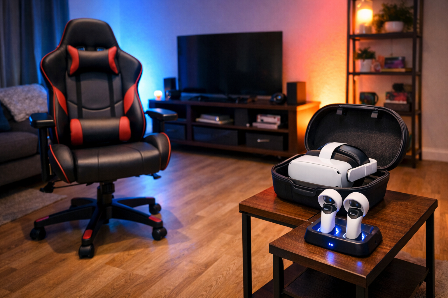 Habitación gaming preparada para realidad virtual con silla ergonómica, iluminación led y espacio libre