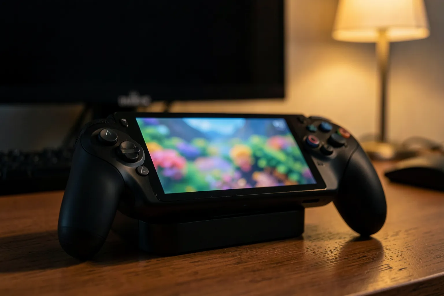 Consola portátil conectada a una base de carga en un escritorio junto a un monitor apagado y un mando