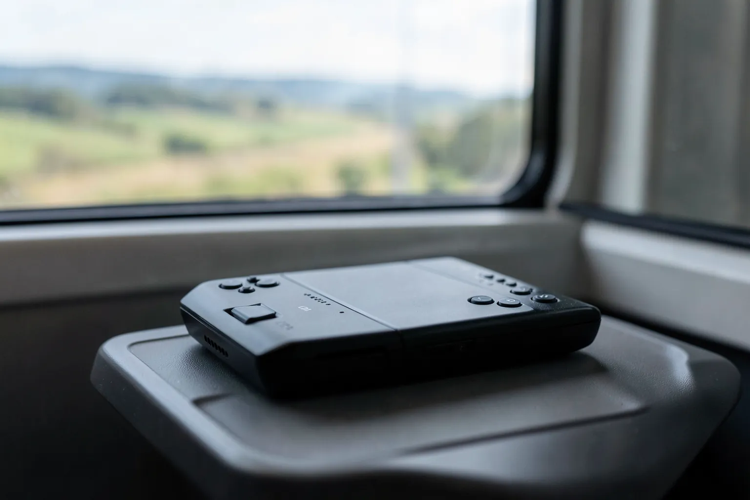 Consola portátil negra sobre la bandeja de un tren junto a una ventanilla con paisaje desenfocado