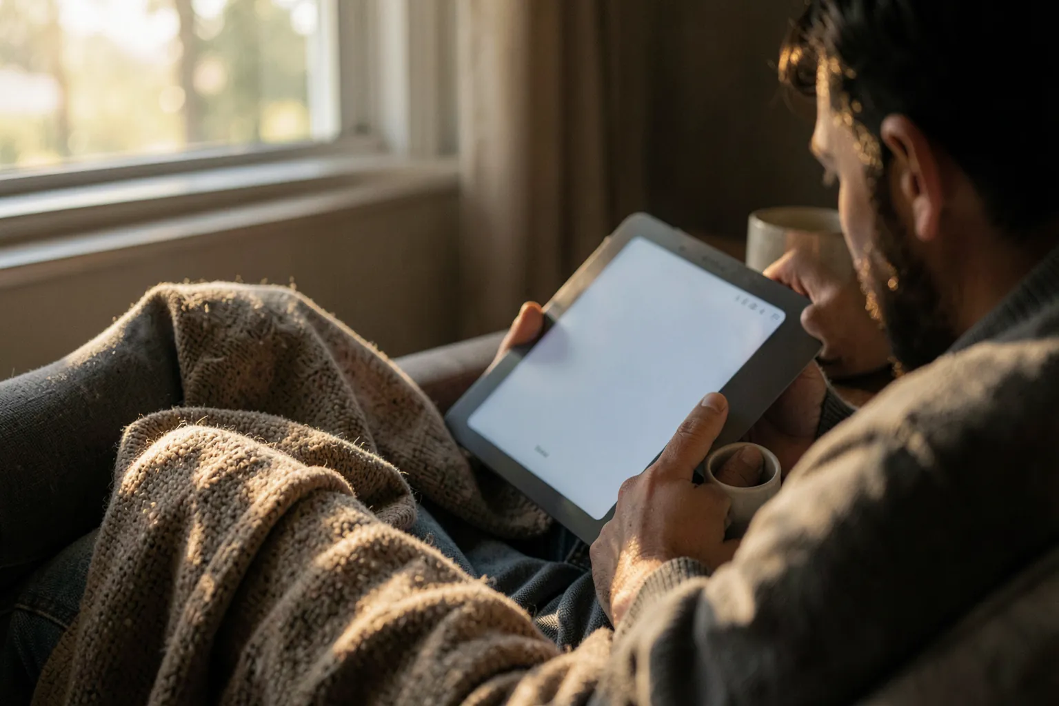 Persona leyendo un lector de libros electrónicos sin marcas en un sillón junto a una ventana con luz de tarde, con una manta y una taza