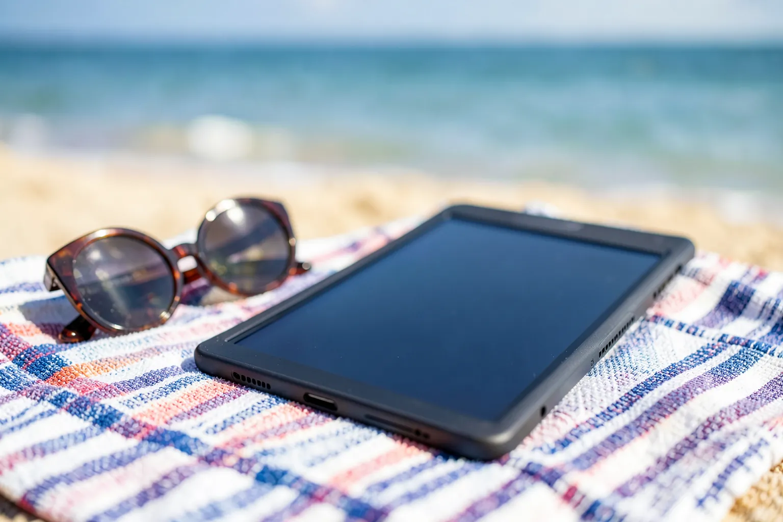 Lector de libros electrónicos sin marcas apoyado sobre una toalla de playa junto a unas gafas de sol, con el mar desenfocado al fondo