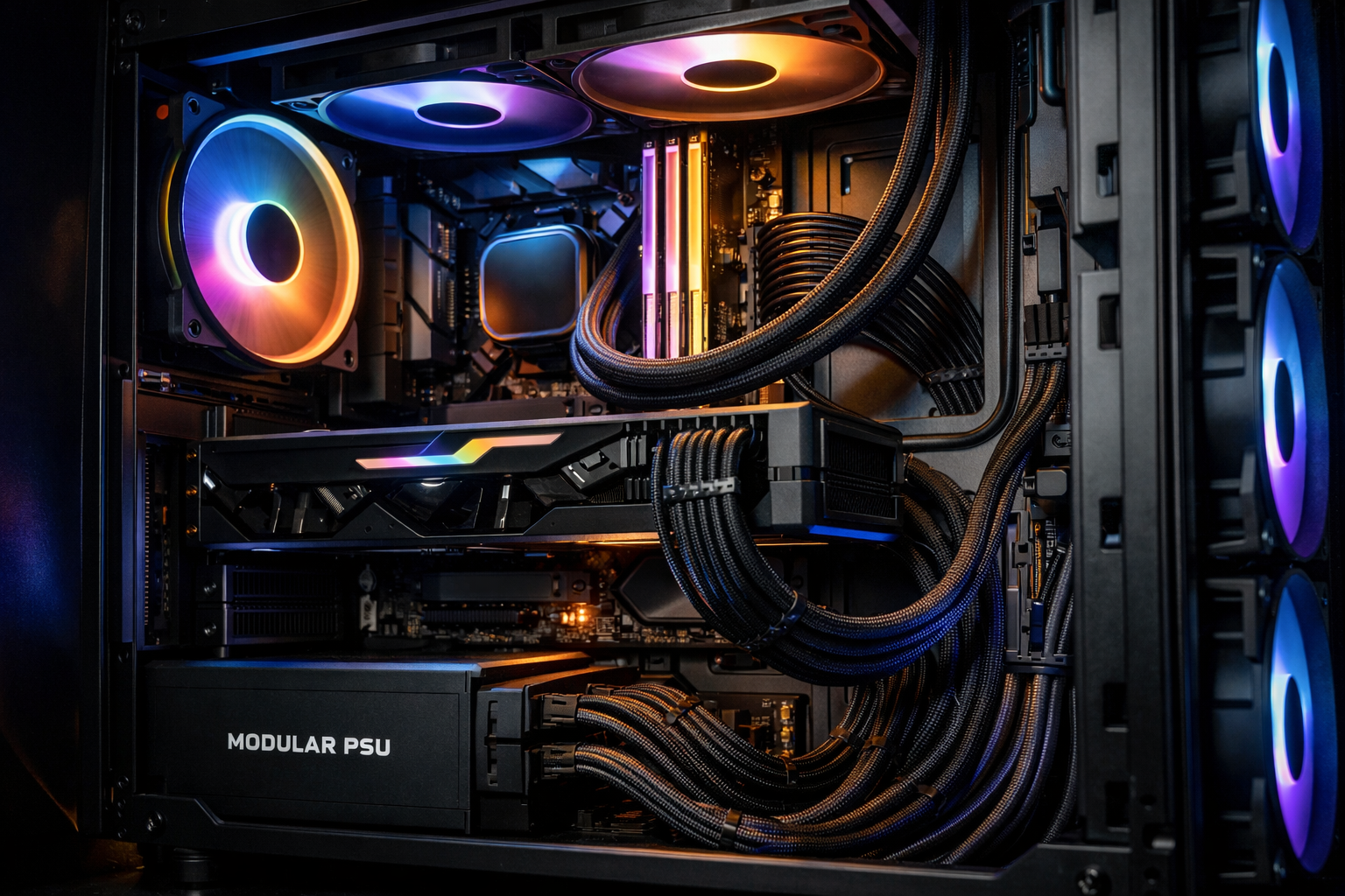 Interior de PC gaming con fuente modular y cable management ordenado