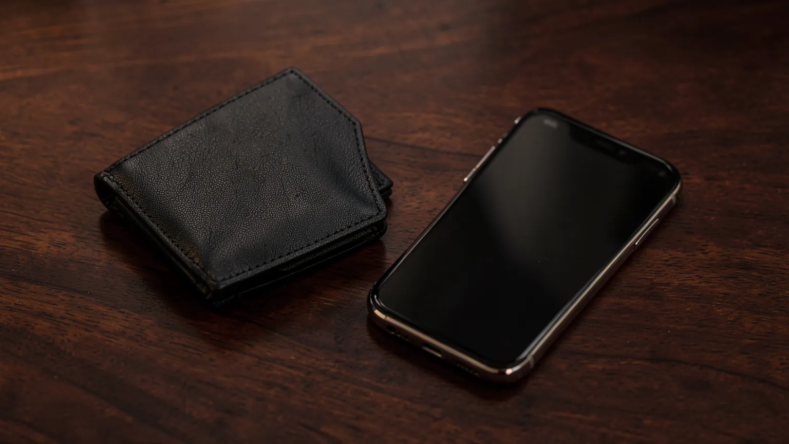 Cartera de piel negra junto a un teléfono sobre un escritorio de madera oscura