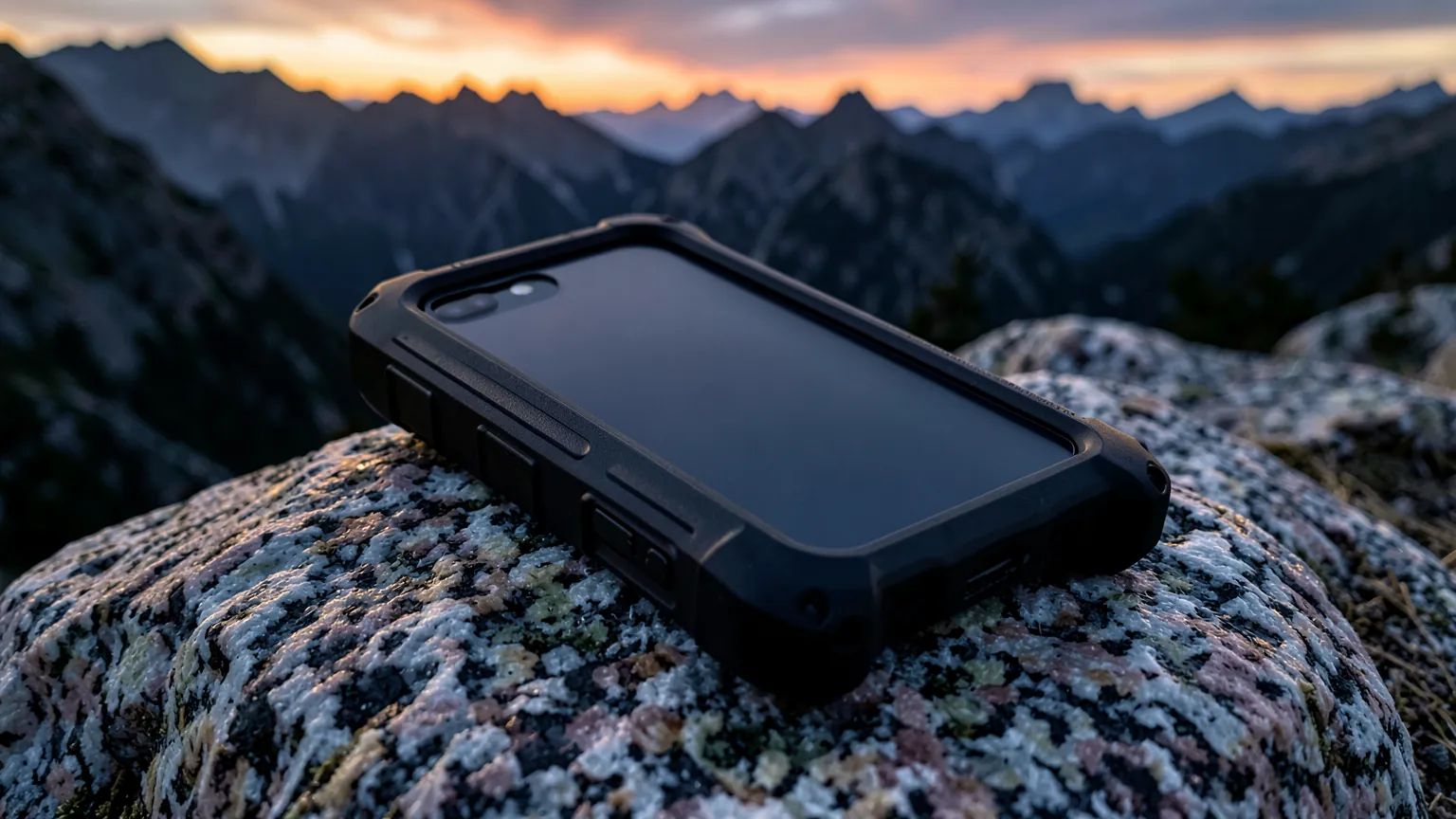 Teléfono con una funda gruesa y resistente sobre una roca en la montaña