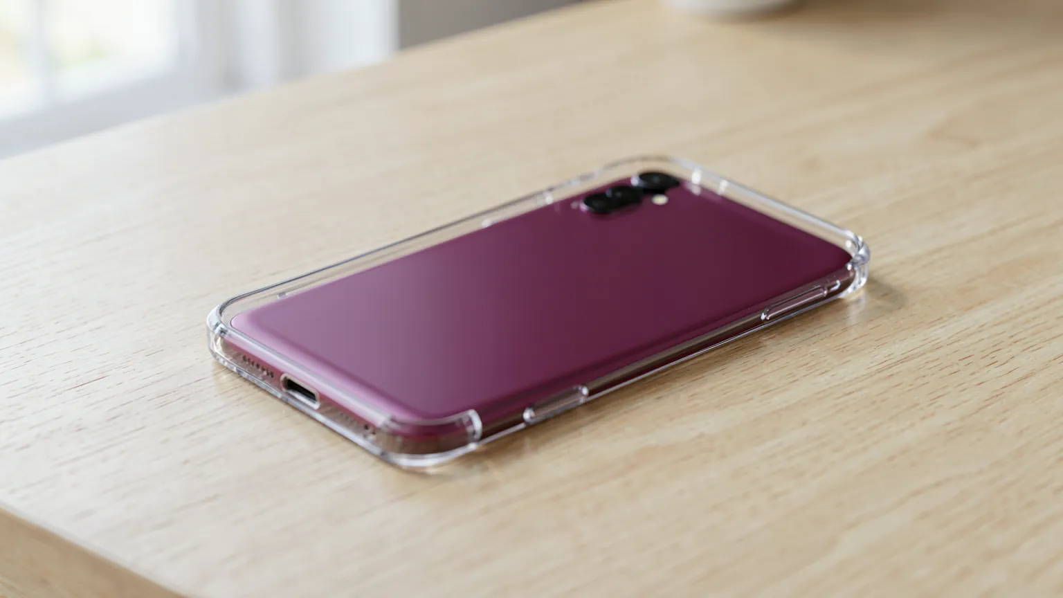 Teléfono con funda transparente sobre una mesa de madera clara con luz natural