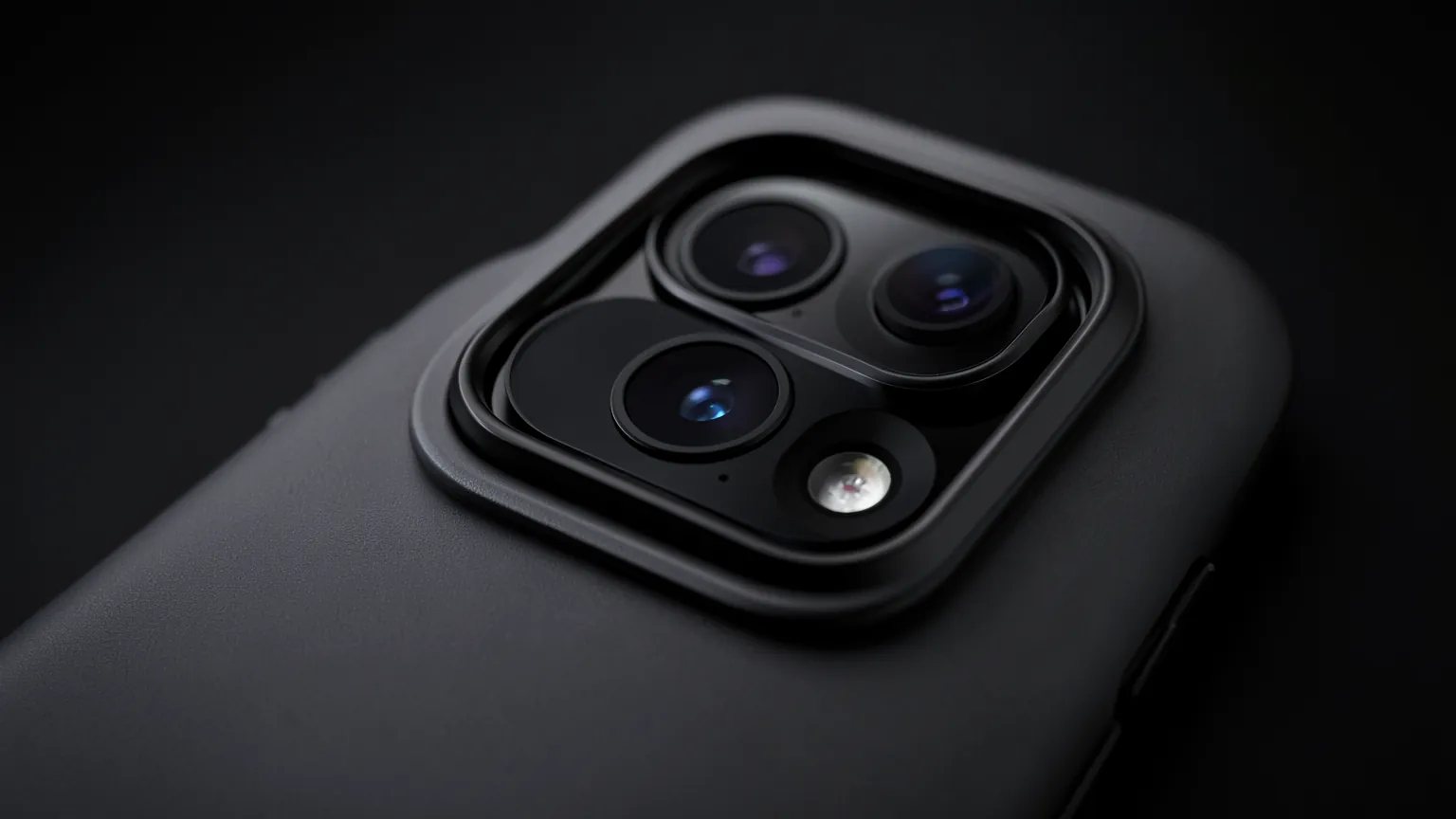 Primer plano del módulo de cámaras de un teléfono moderno dentro de una funda oscura