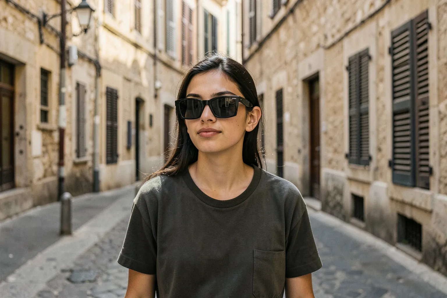 Persona con gafas de sol de montura negra gruesa sin marcas caminando por una calle soleada de una ciudad europea