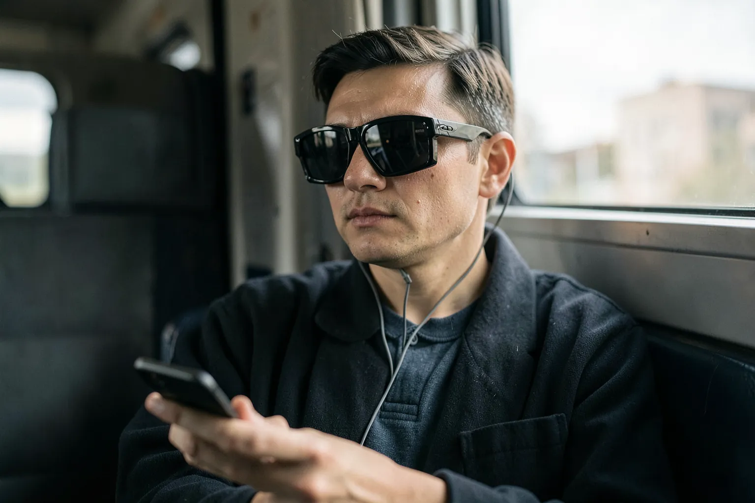 Persona sentada en un tren de cercanías con unas gafas oscuras gruesas conectadas por cable a un móvil, mirando al frente