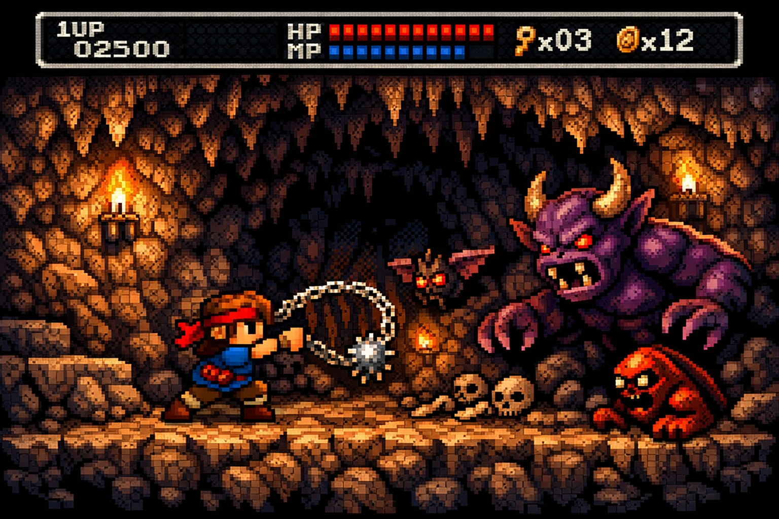 Personaje pixel art estilo 8 bits explorando una mazmorra gótica iluminada por antorchas