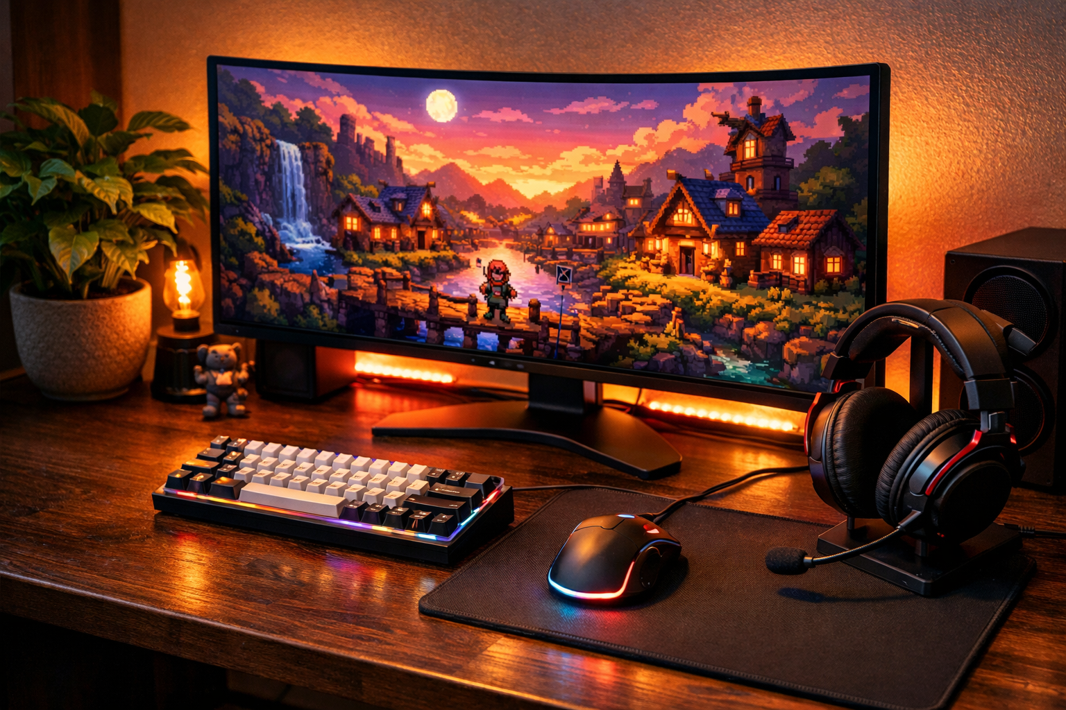Escritorio gaming con monitor OLED consola portátil y silla ergonómica en habitación iluminada