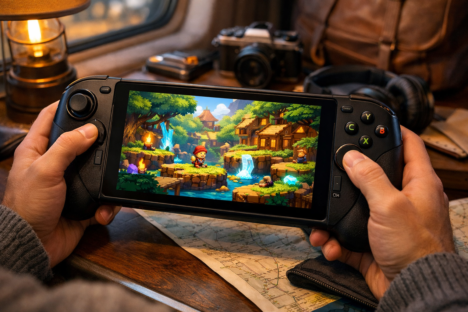 Consola portátil tipo Steam Deck con juegos indie en pantalla y accesorios alrededor