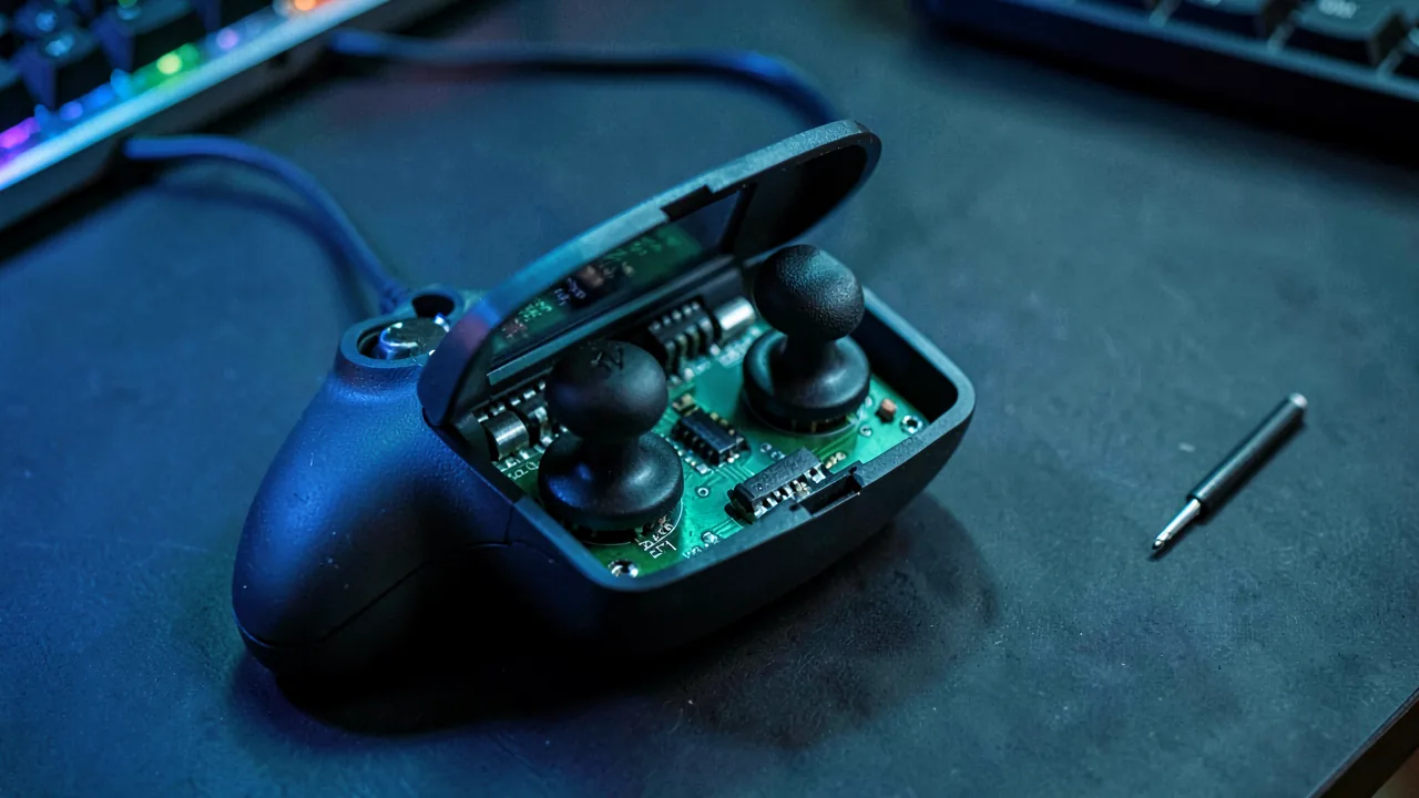 Primer plano de las palancas analógicas de un mando de videojuegos desmontado mostrando el mecanismo interno