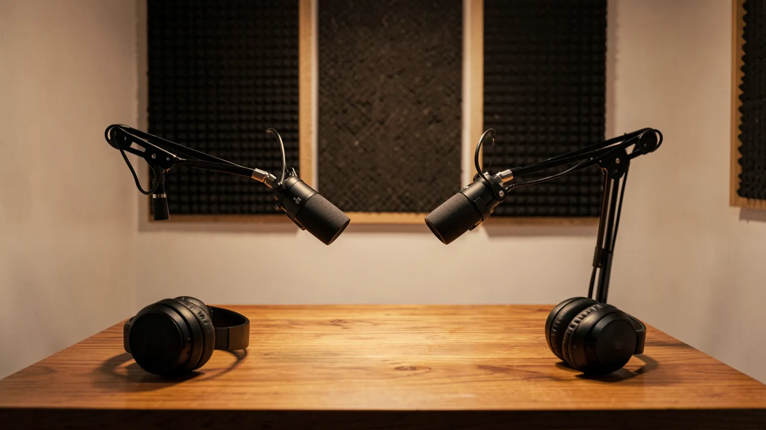 Pequeño estudio de pódcast casero con dos micrófonos en brazos articulados sobre una mesa de madera y paneles acústicos en la pared