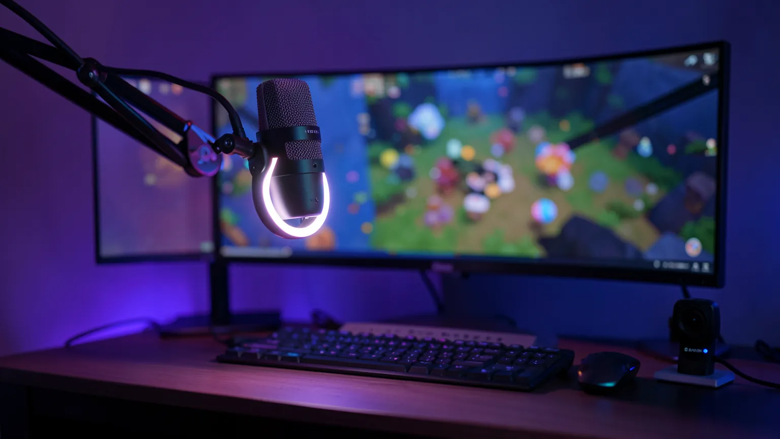 Escritorio de streaming con un micrófono de condensador iluminado en un brazo, un monitor y una cámara web, en una habitación en penumbra