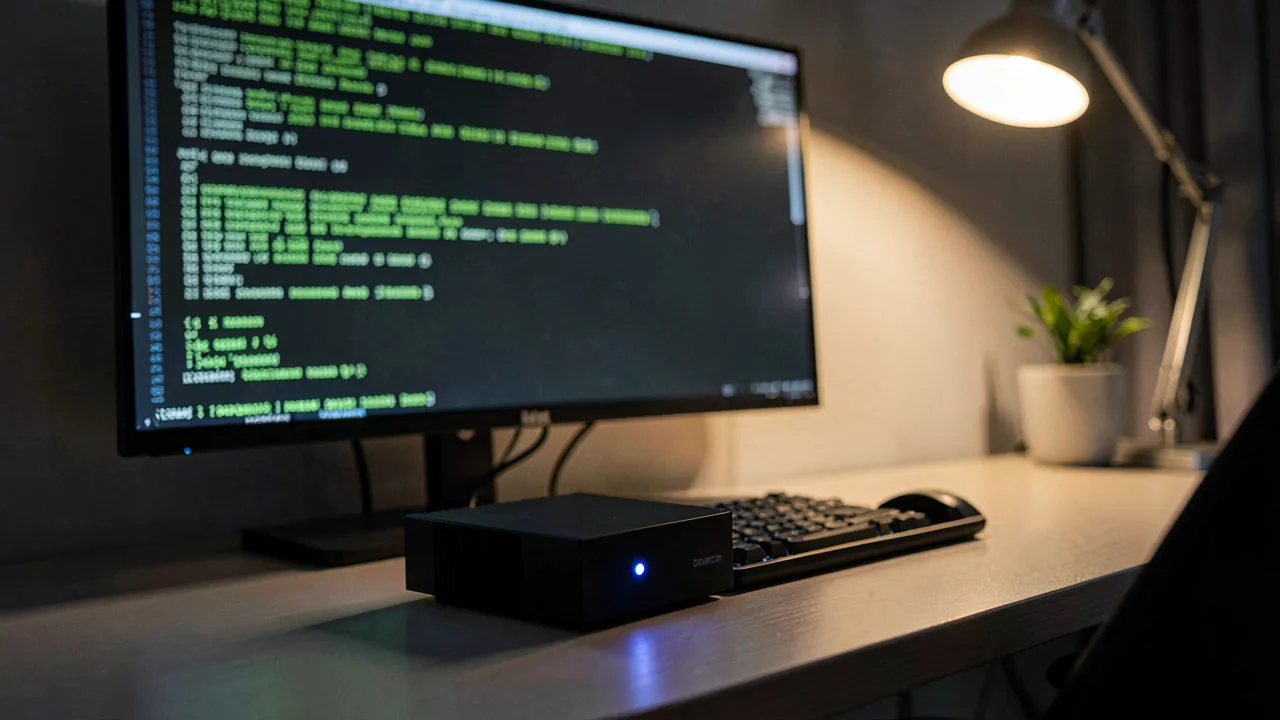 Mini PC funcionando junto a un monitor que muestra código y una terminal en una habitación en penumbra